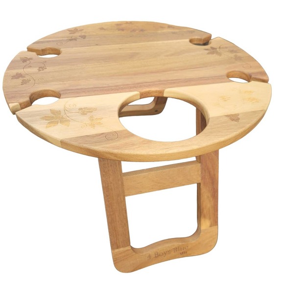 Outdoor 16" Wine Table, Acacia Wood Portable Wine Table, Bottle & 4 Glasses - Picture 2 of 4